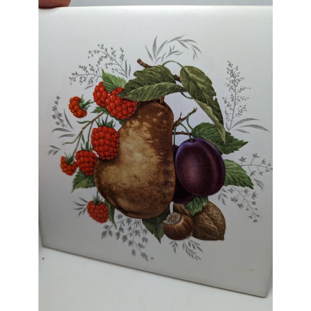 Hand Painted Fruit Pear Raspberries Tile Wall Art Trivet  Ceramic Still Life